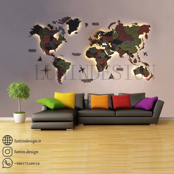 نقشه جهان برجسته سه بعدی چوبی رنگ فانتزی بکلایت