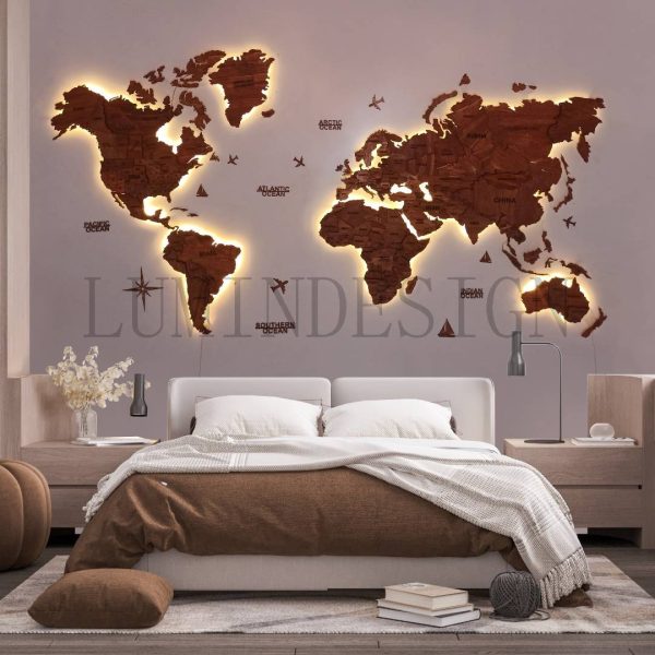 نقشه جهان سه بعدی بک لایت چوبی